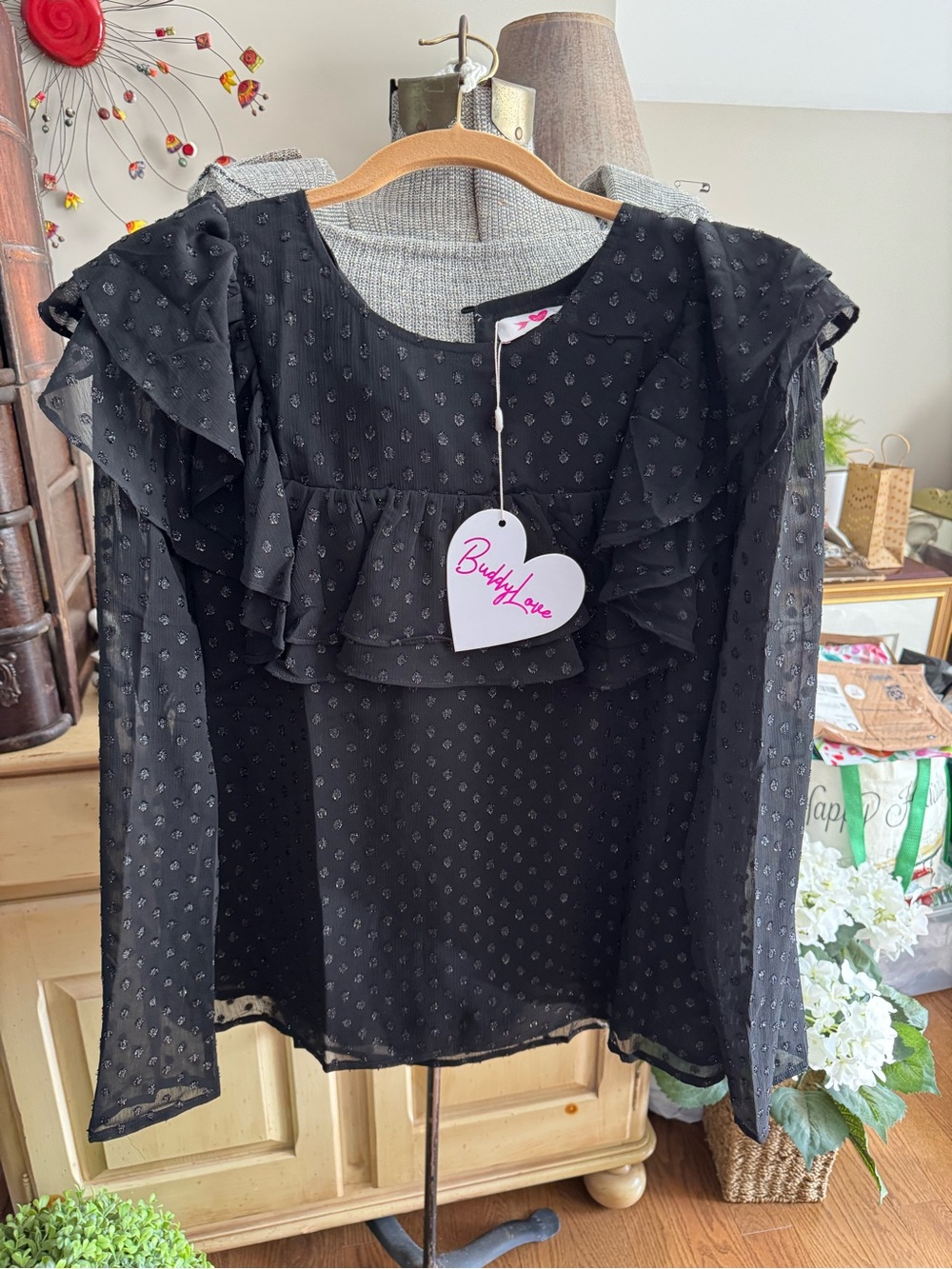 Buddy Love Black Sheer Ruffle Blouse. NWT